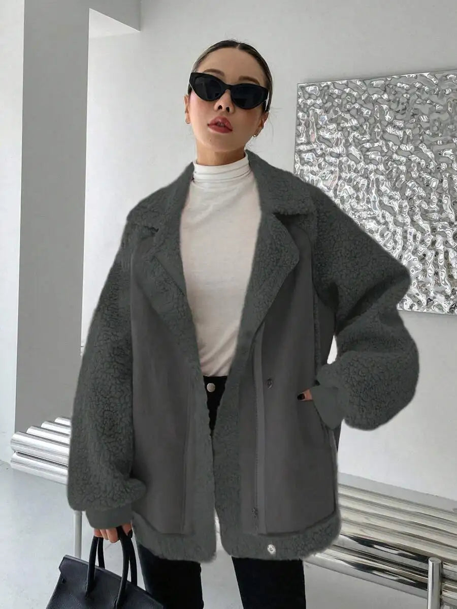 Oversized Raglan Sleeve Zip-Up Teddy Coat for Women, Fleece Lined Warm Jacket