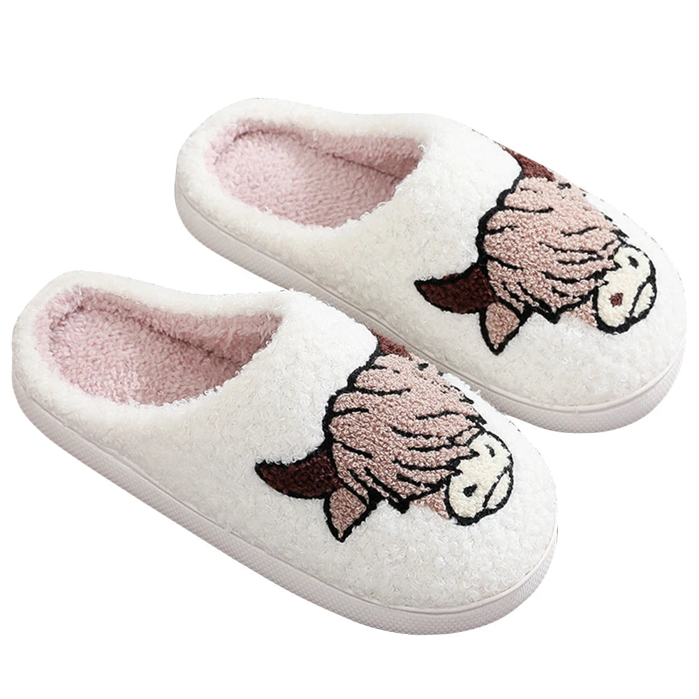 Winter Slippers Non-Slip Highland Cow Slippers Warm Plush Home Slipper House Flat Floor Soft Slides Cozy Couple Slip-On Slippers