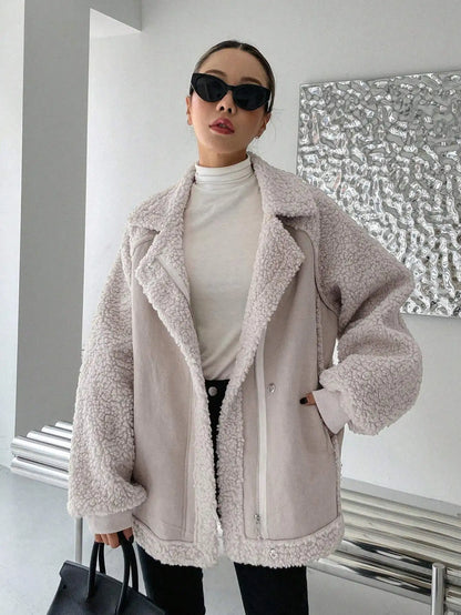 Oversized Raglan Sleeve Zip-Up Teddy Coat for Women, Fleece Lined Warm Jacket