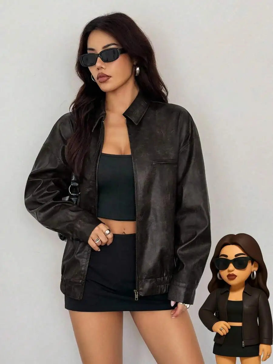 Women's Vintage Brown Faux Leather Zipper Jacket with Distressed Texture