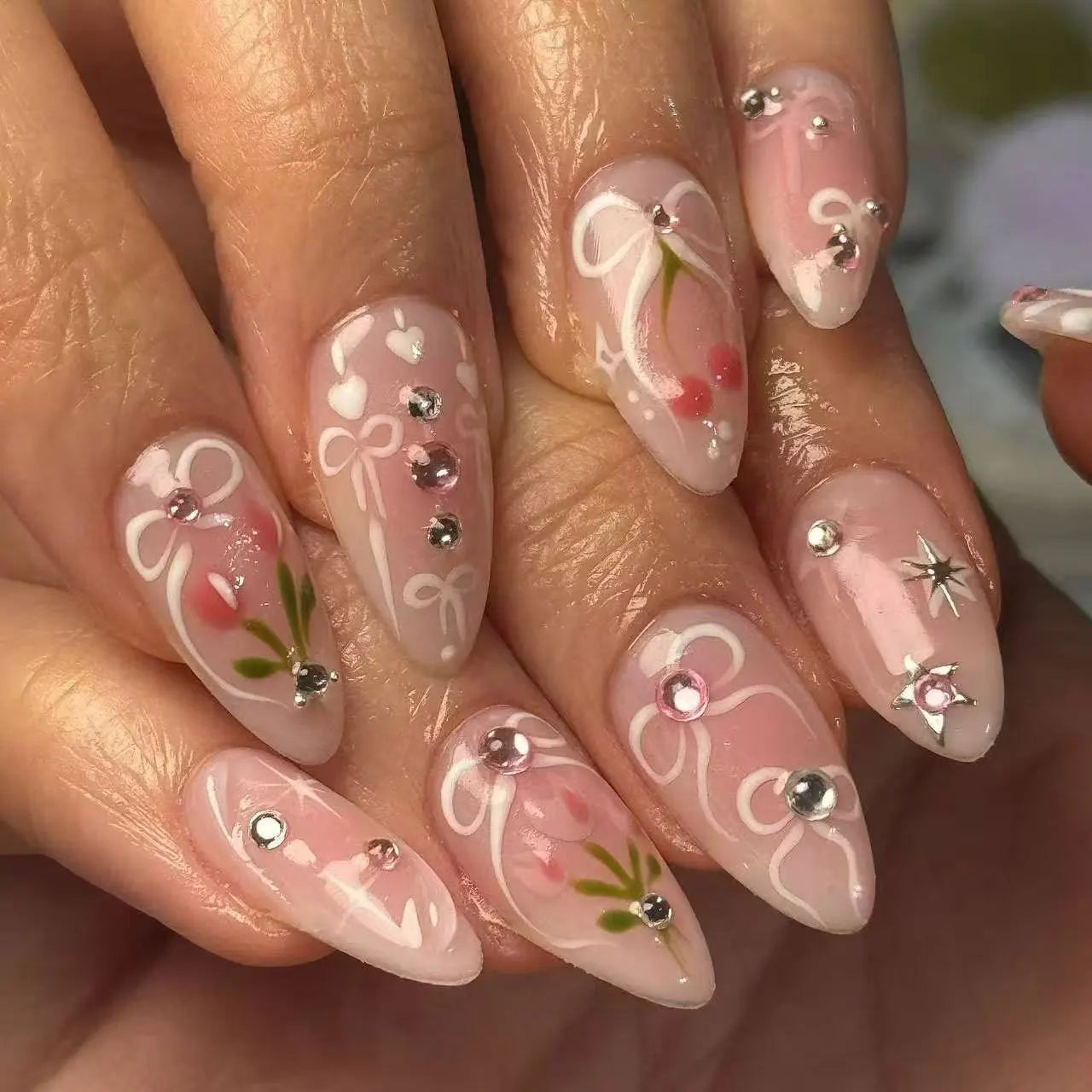 Cute Rabbit Bow Almond Press-On Nails Set