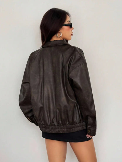 Women's Vintage Brown Faux Leather Zipper Jacket with Distressed Texture