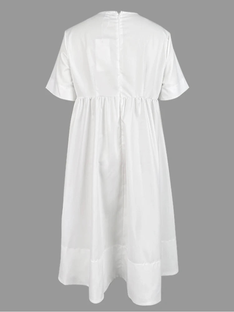 Women Midi Shirts Dress Summer New Dress 2025 V-Neck Pleated Short Sleeves White Loose Casual Flower Print A-line Dresses