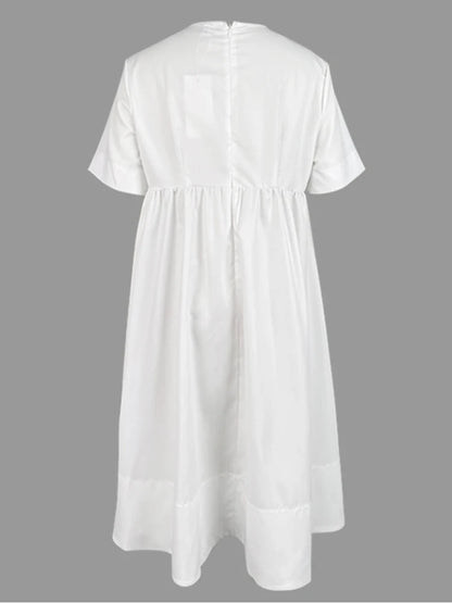 Women Midi Shirts Dress Summer New Dress 2025 V-Neck Pleated Short Sleeves White Loose Casual Flower Print A-line Dresses