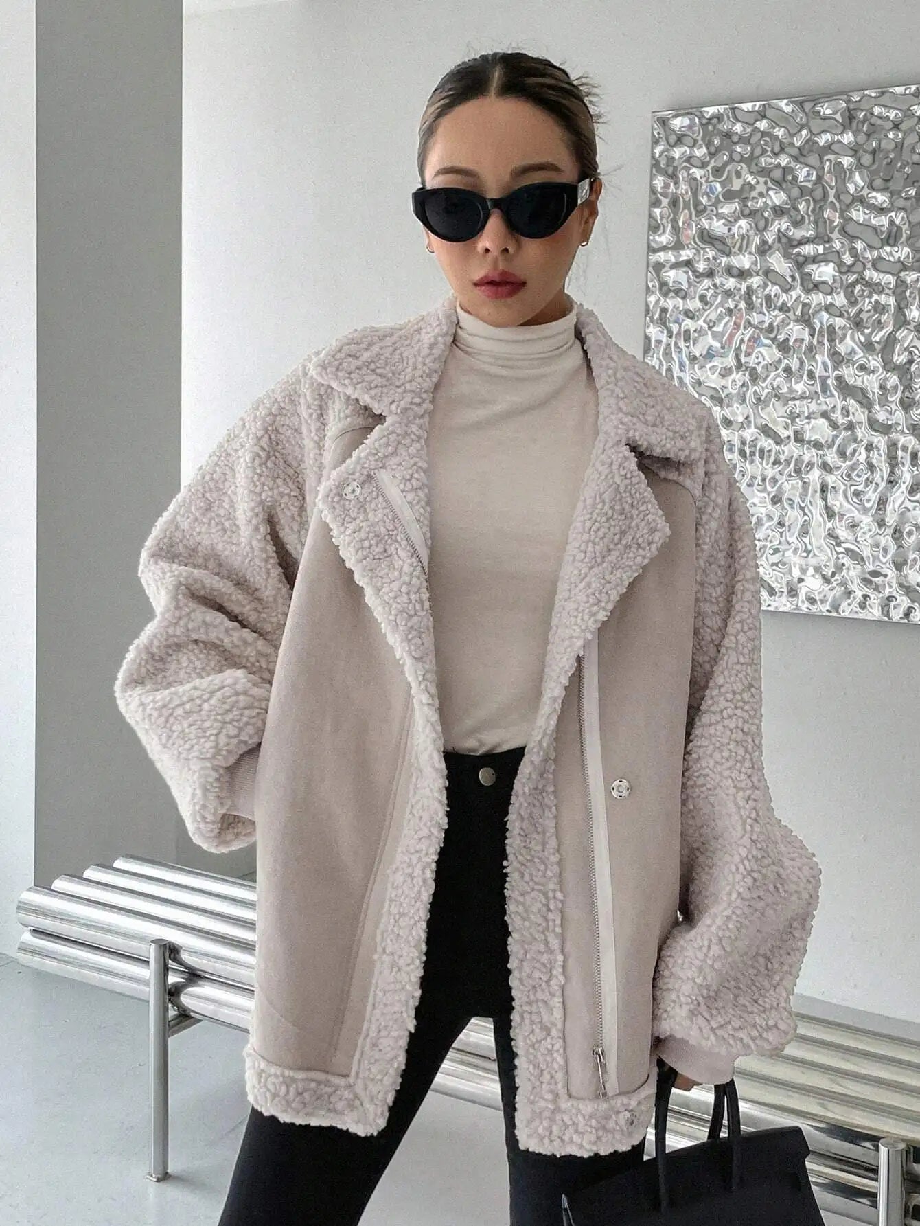 Oversized Raglan Sleeve Zip-Up Teddy Coat for Women, Fleece Lined Warm Jacket