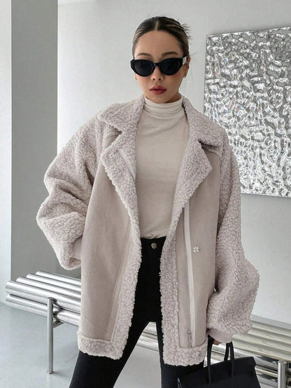 Oversized Raglan Sleeve Zip-Up Teddy Coat for Women, Fleece Lined Warm Jacket