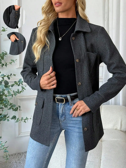 EMERY ROSE Casual Solid Color Multi-Pocket Jacket, Versatile For Autumn/Winter Fall Cloth For Women