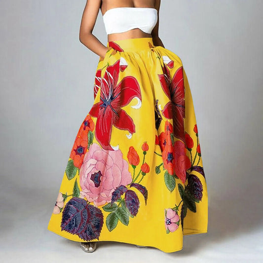 Bohemian Women Long Skirt Large Swing High Waist Floral Printing