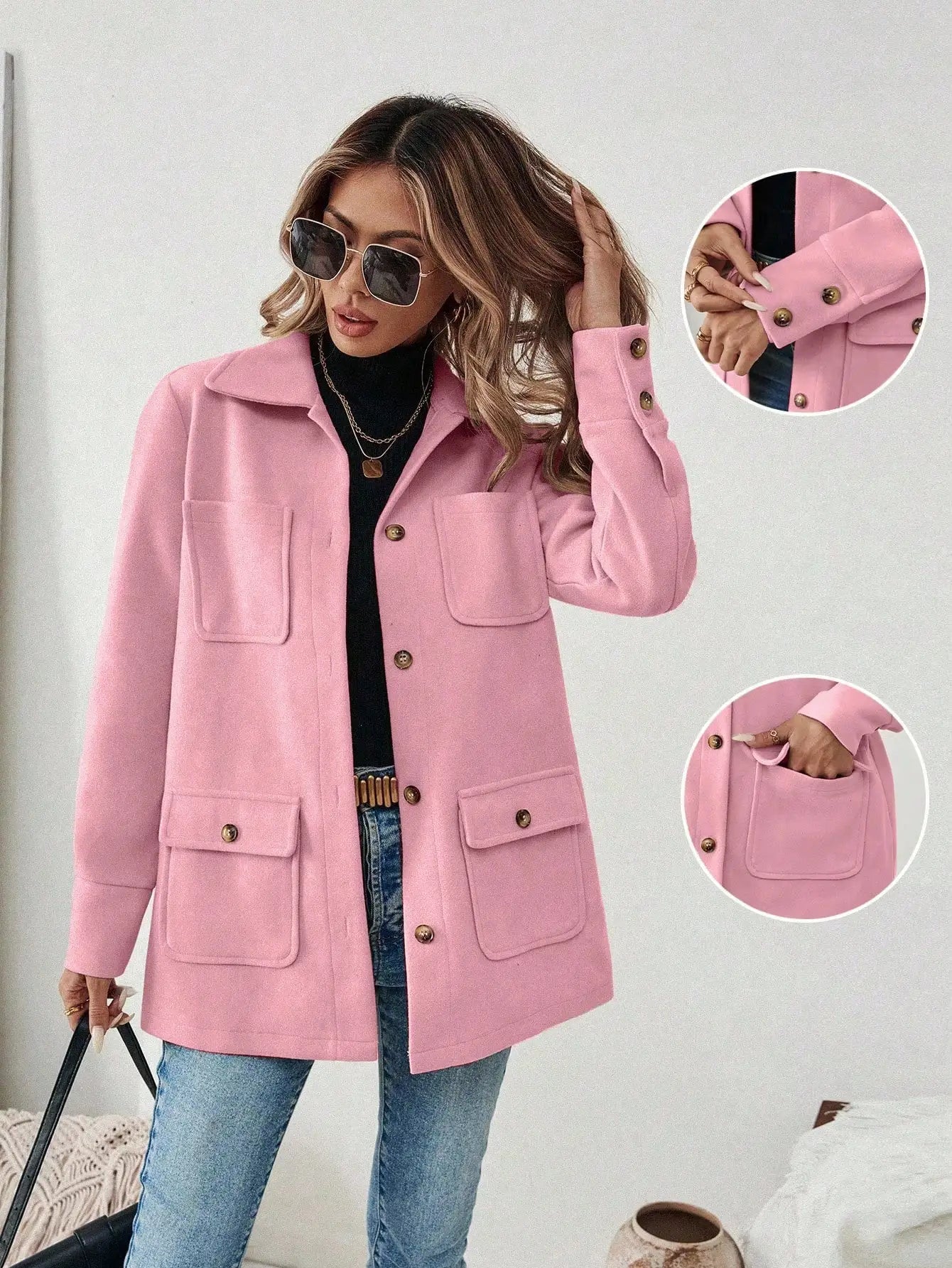 EMERY ROSE Casual Solid Color Multi-Pocket Jacket, Versatile For Autumn/Winter Fall Cloth For Women