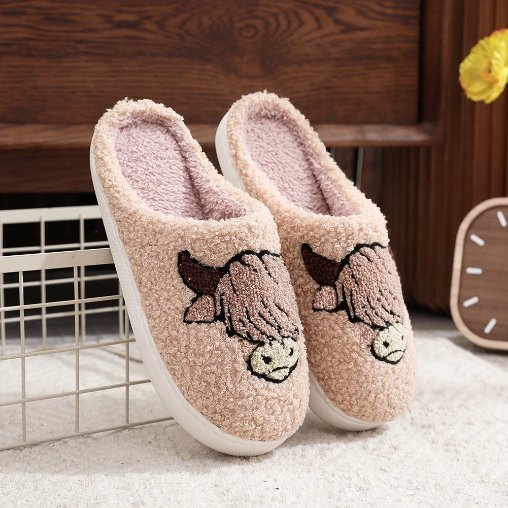 Winter Slippers Non-Slip Highland Cow Slippers Warm Plush Home Slipper House Flat Floor Soft Slides Cozy Couple Slip-On Slippers