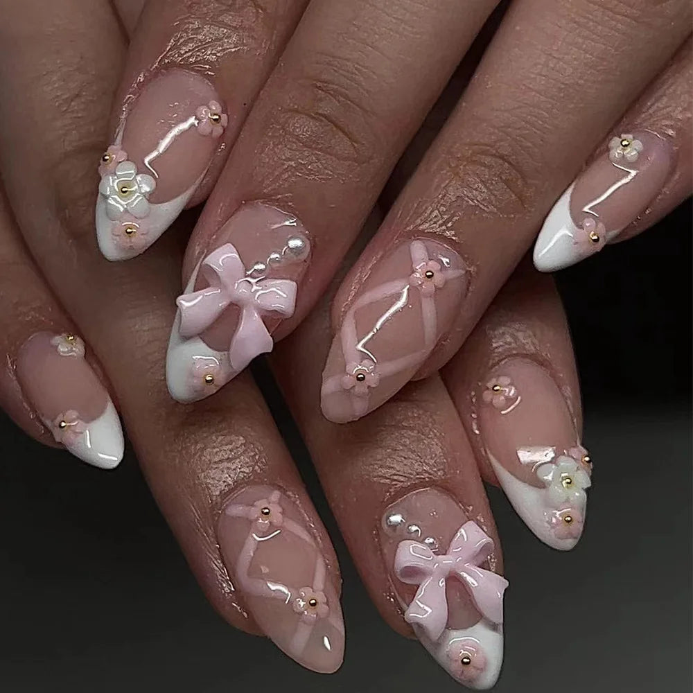 Cute Rabbit Bow Almond Press-On Nails Set