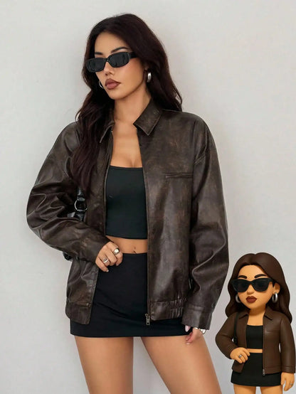 Women's Vintage Brown Faux Leather Zipper Jacket with Distressed Texture