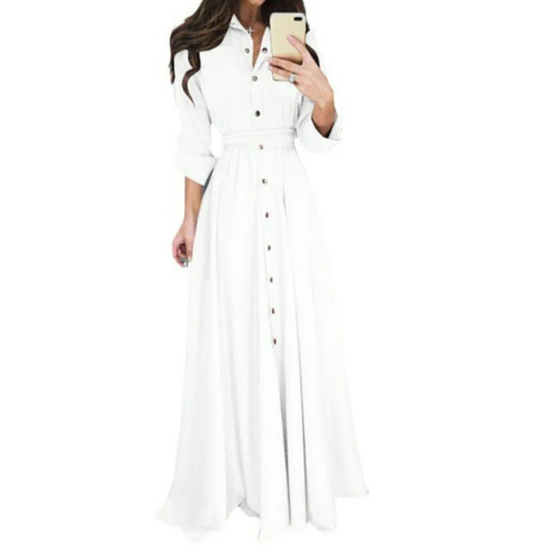 Elegant Buttoned Waist-Tie Midi Dress