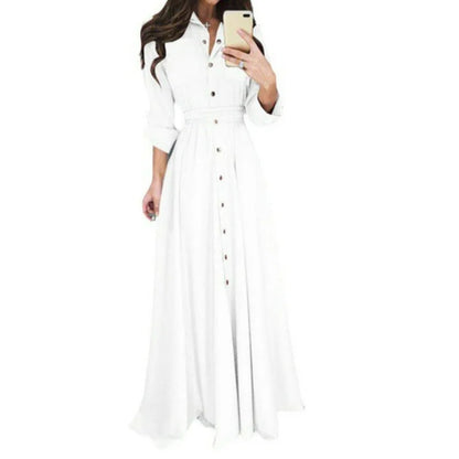 Elegant Buttoned Waist-Tie Midi Dress
