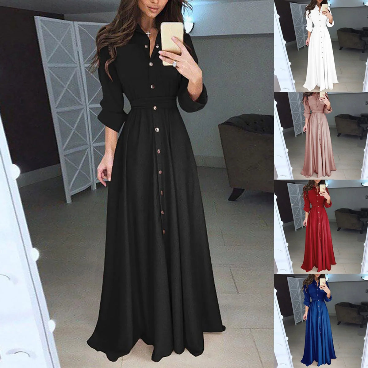 Elegant Buttoned Waist-Tie Midi Dress