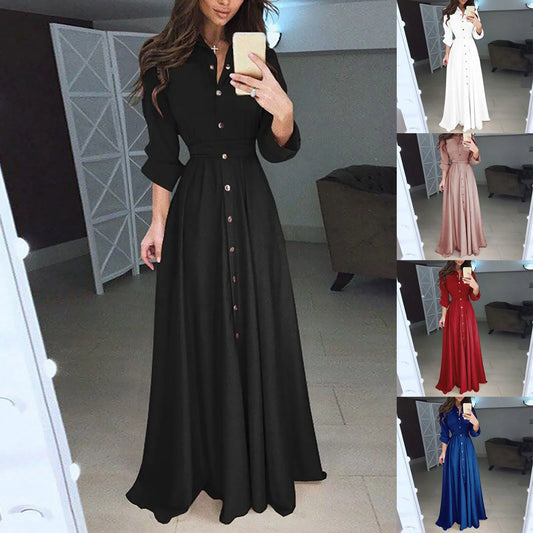 Elegant Buttoned Waist-Tie Midi Dress