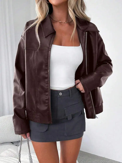 Women's Black PU Leather Zip-Up Oversized Jacket for Autumn Winter
