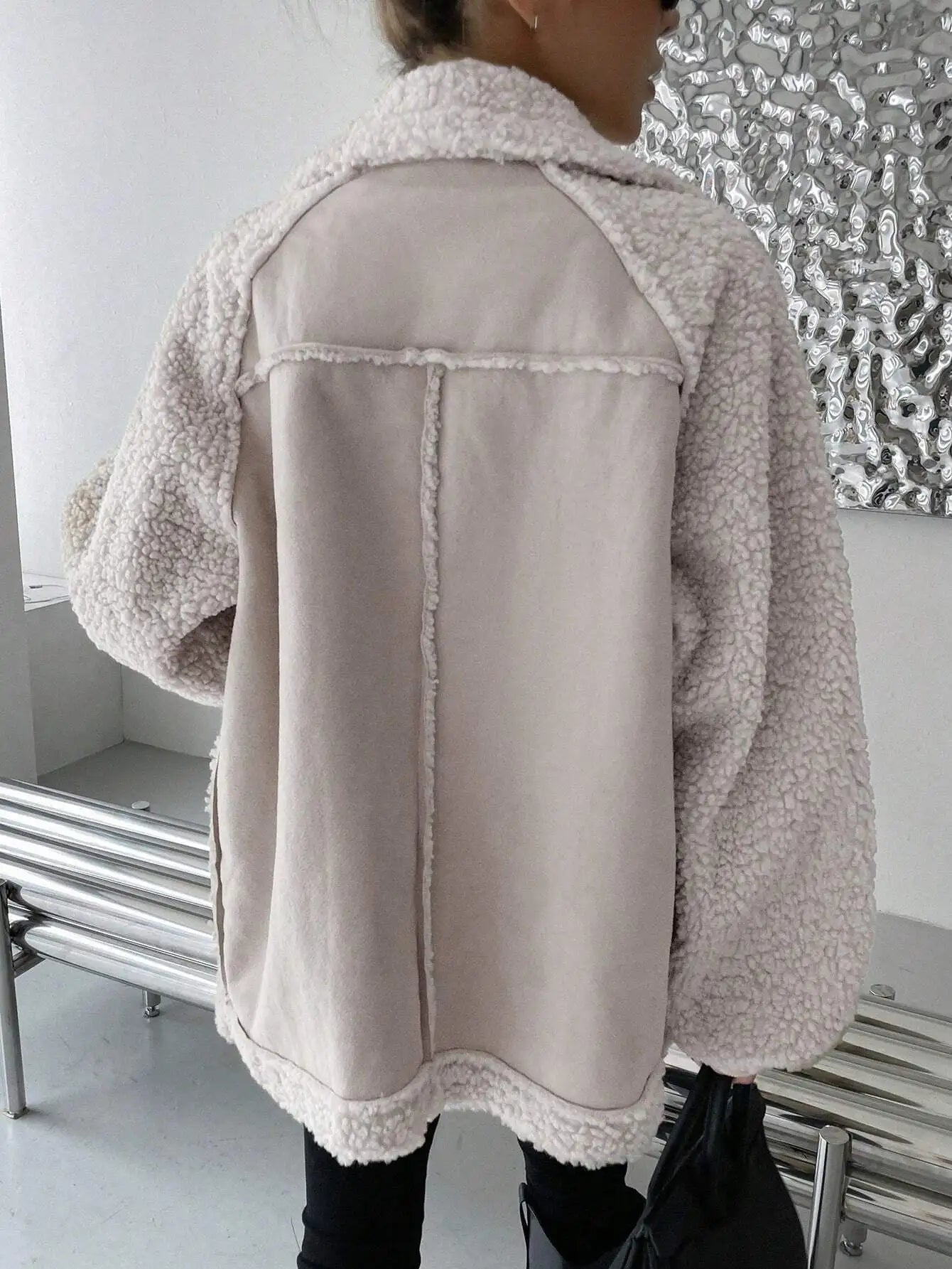 Oversized Raglan Sleeve Zip-Up Teddy Coat for Women, Fleece Lined Warm Jacket
