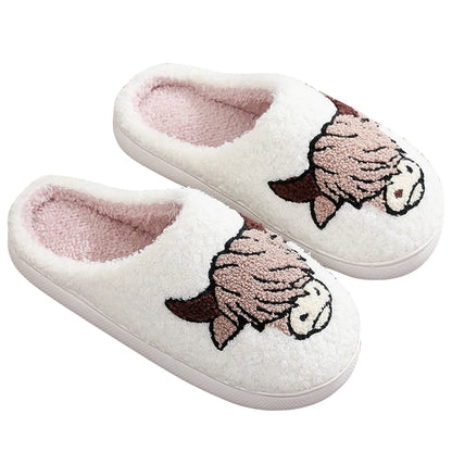 Winter Slippers Non-Slip Highland Cow Slippers Warm Plush Home Slipper House Flat Floor Soft Slides Cozy Couple Slip-On Slippers