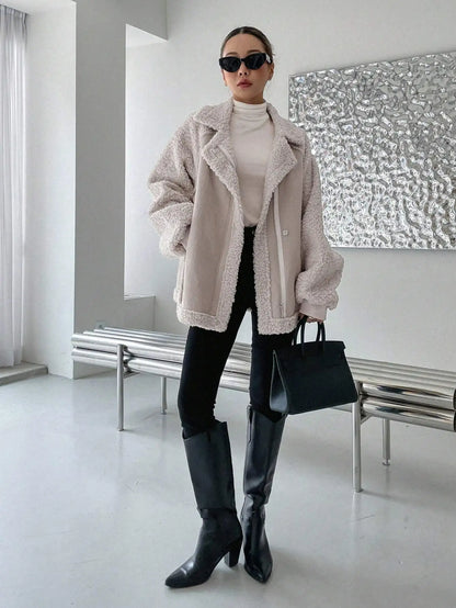 Oversized Raglan Sleeve Zip-Up Teddy Coat for Women, Fleece Lined Warm Jacket