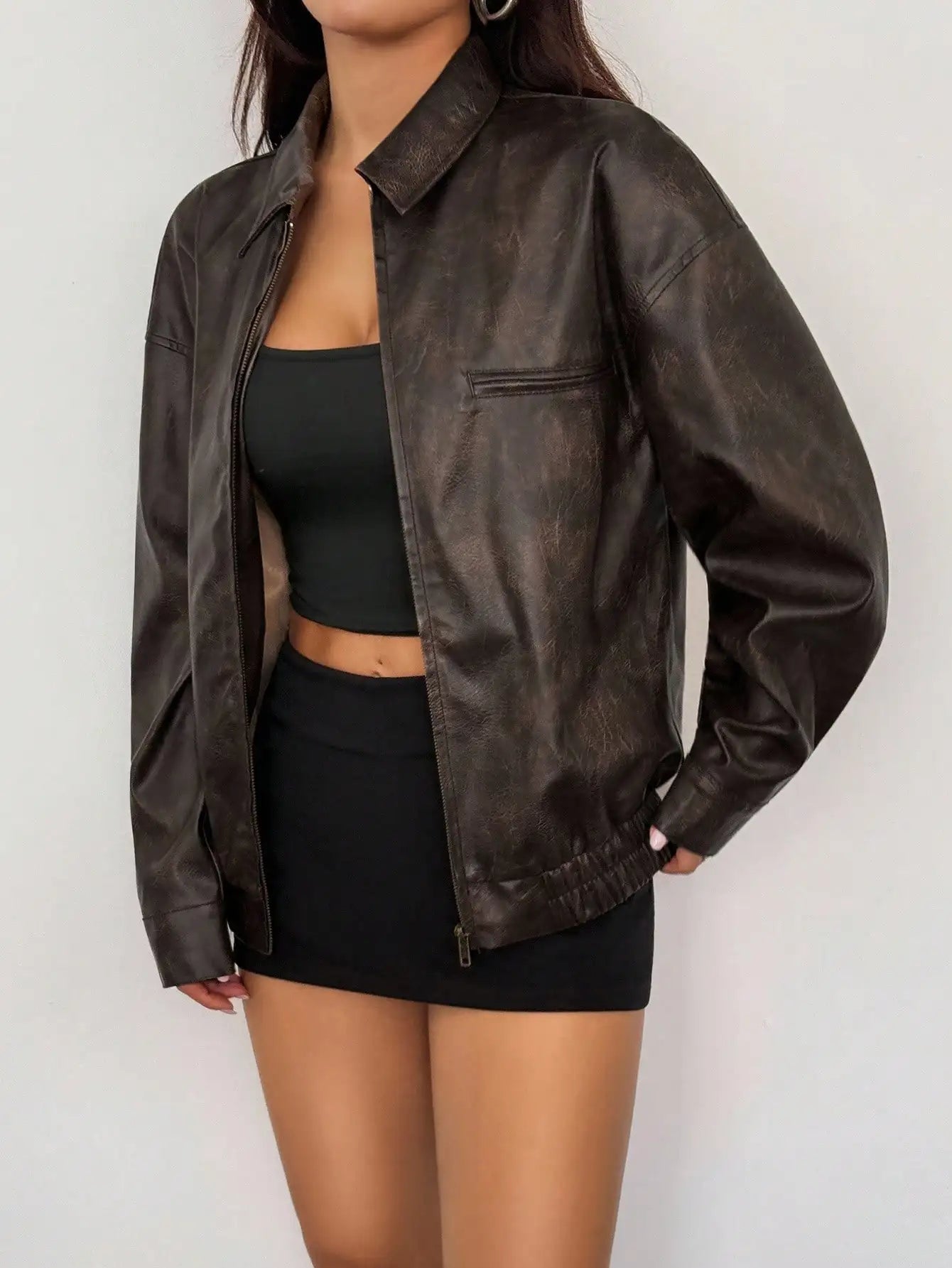 Women's Vintage Brown Faux Leather Zipper Jacket with Distressed Texture