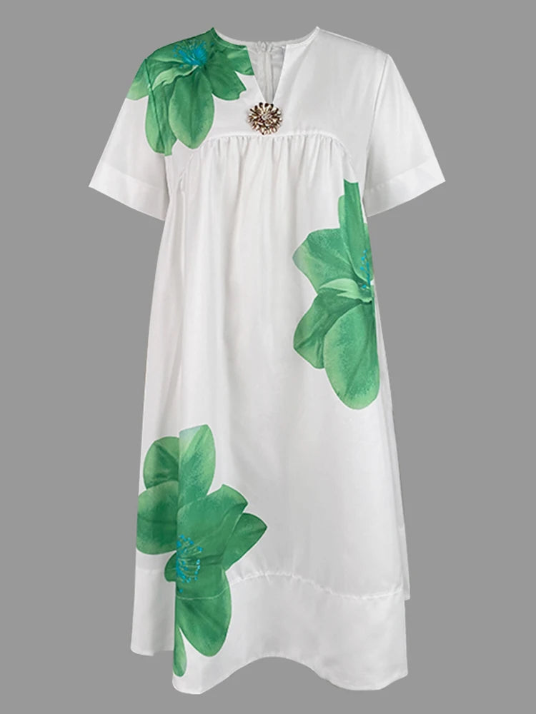 Women Midi Shirts Dress Summer New Dress 2025 V-Neck Pleated Short Sleeves White Loose Casual Flower Print A-line Dresses