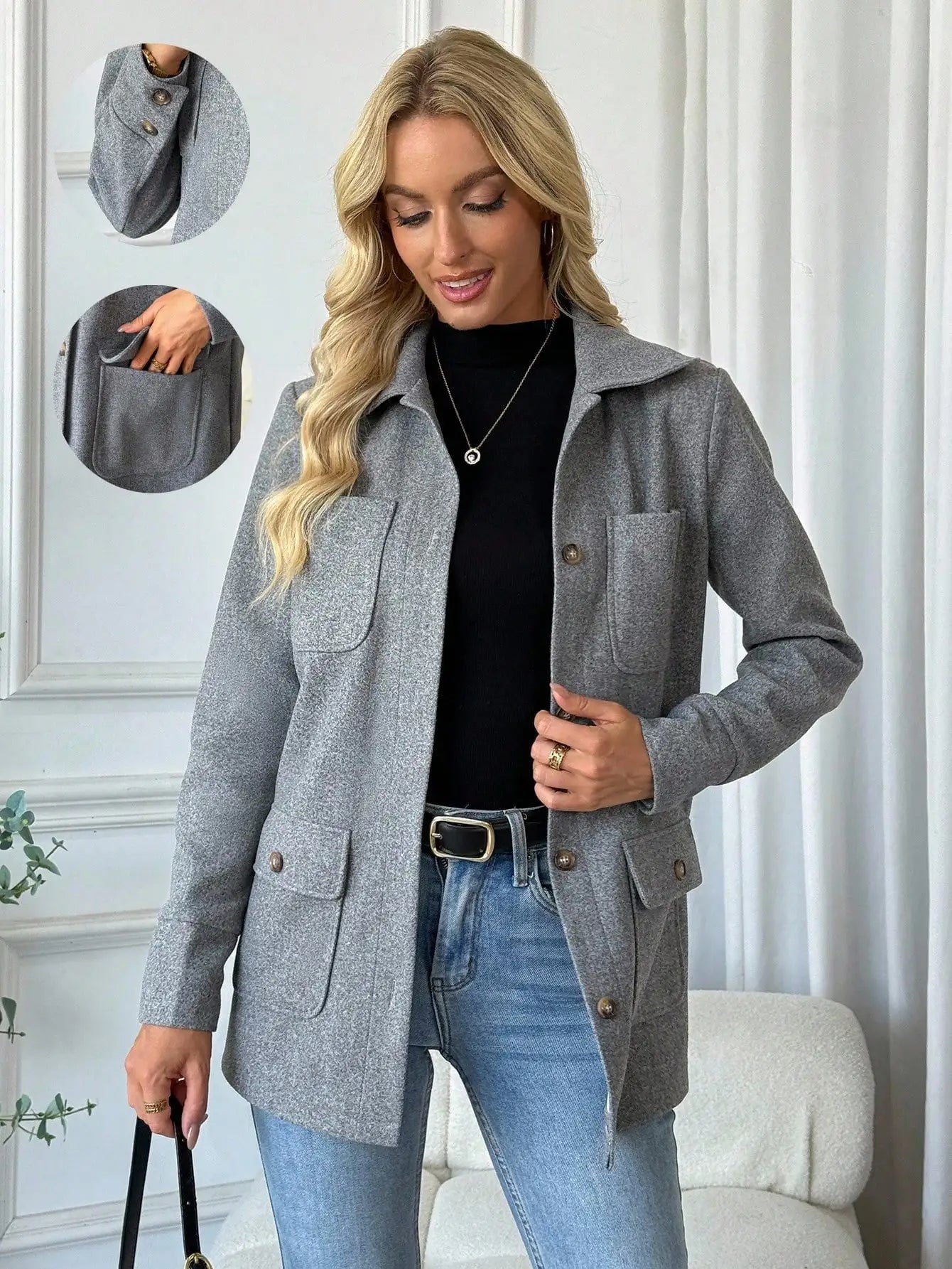 EMERY ROSE Casual Solid Color Multi-Pocket Jacket, Versatile For Autumn/Winter Fall Cloth For Women