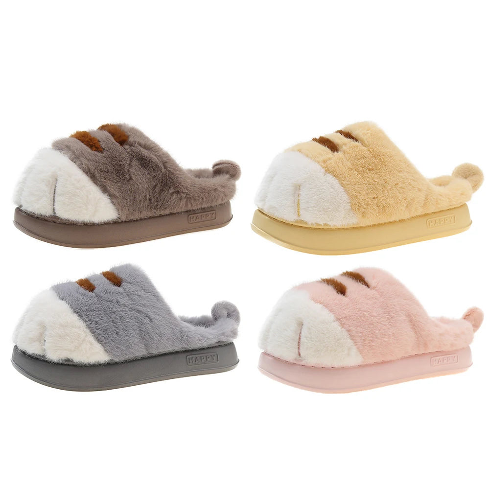 3D Cat Paw Plush Slippers Slip-on House Shoes Comfortable Furry Paw Couple Slippers Winter Soft Warm Slippers for Indoor Bedroom
