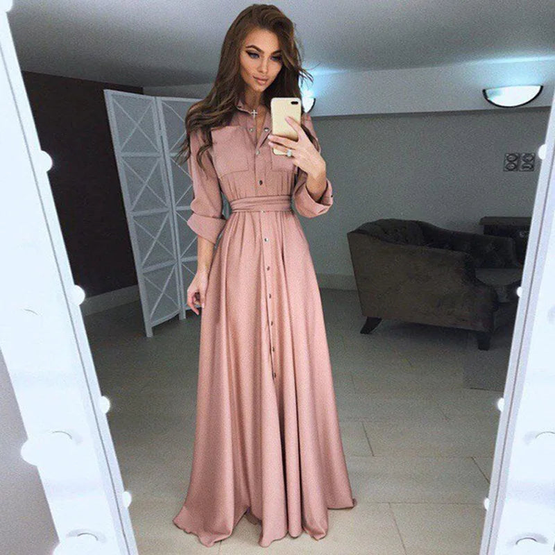 Elegant Buttoned Waist-Tie Midi Dress