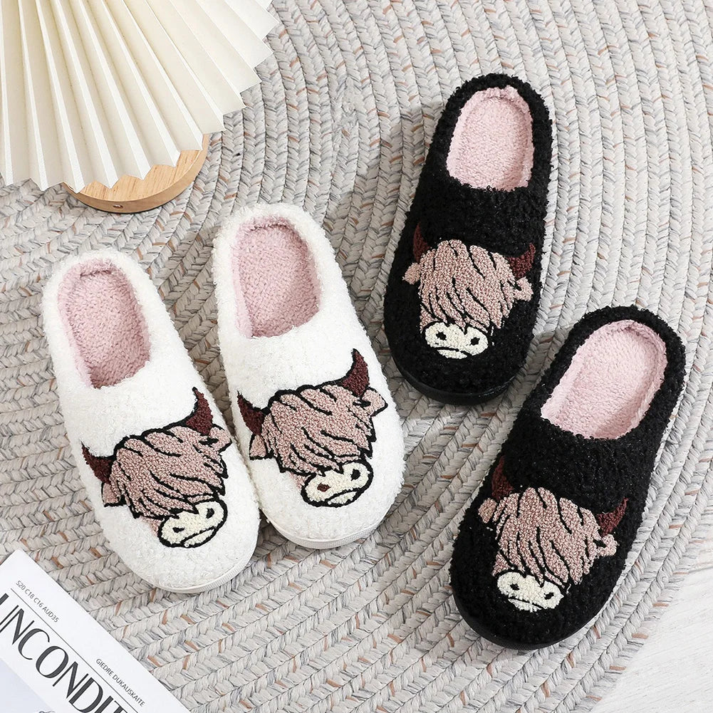 Winter Slippers Non-Slip Highland Cow Slippers Warm Plush Home Slipper House Flat Floor Soft Slides Cozy Couple Slip-On Slippers