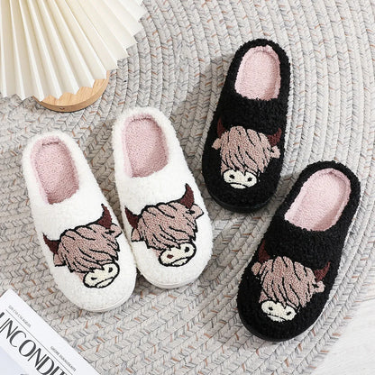 Winter Slippers Non-Slip Highland Cow Slippers Warm Plush Home Slipper House Flat Floor Soft Slides Cozy Couple Slip-On Slippers