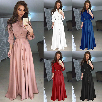 Elegant Buttoned Waist-Tie Midi Dress