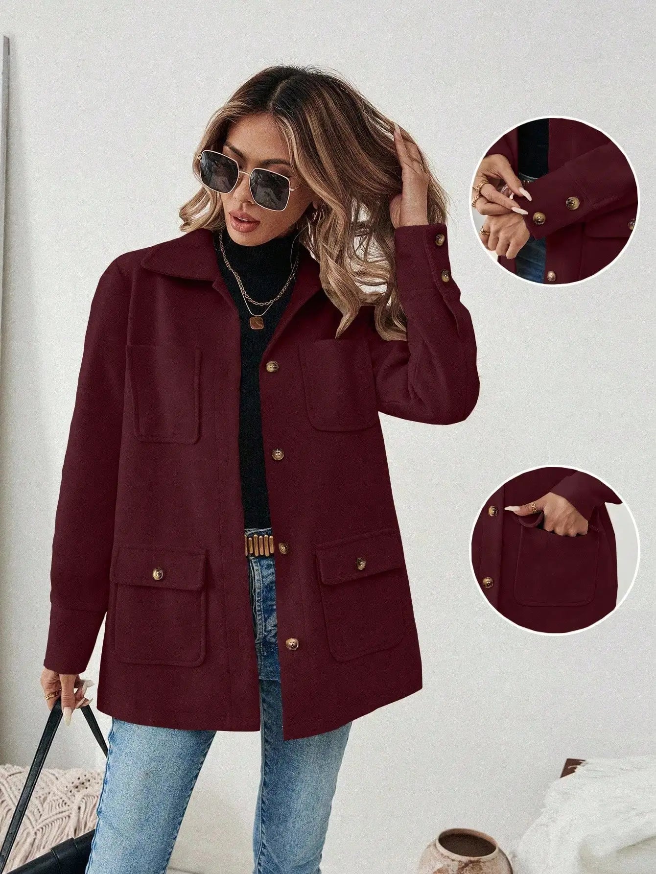 EMERY ROSE Casual Solid Color Multi-Pocket Jacket, Versatile For Autumn/Winter Fall Cloth For Women