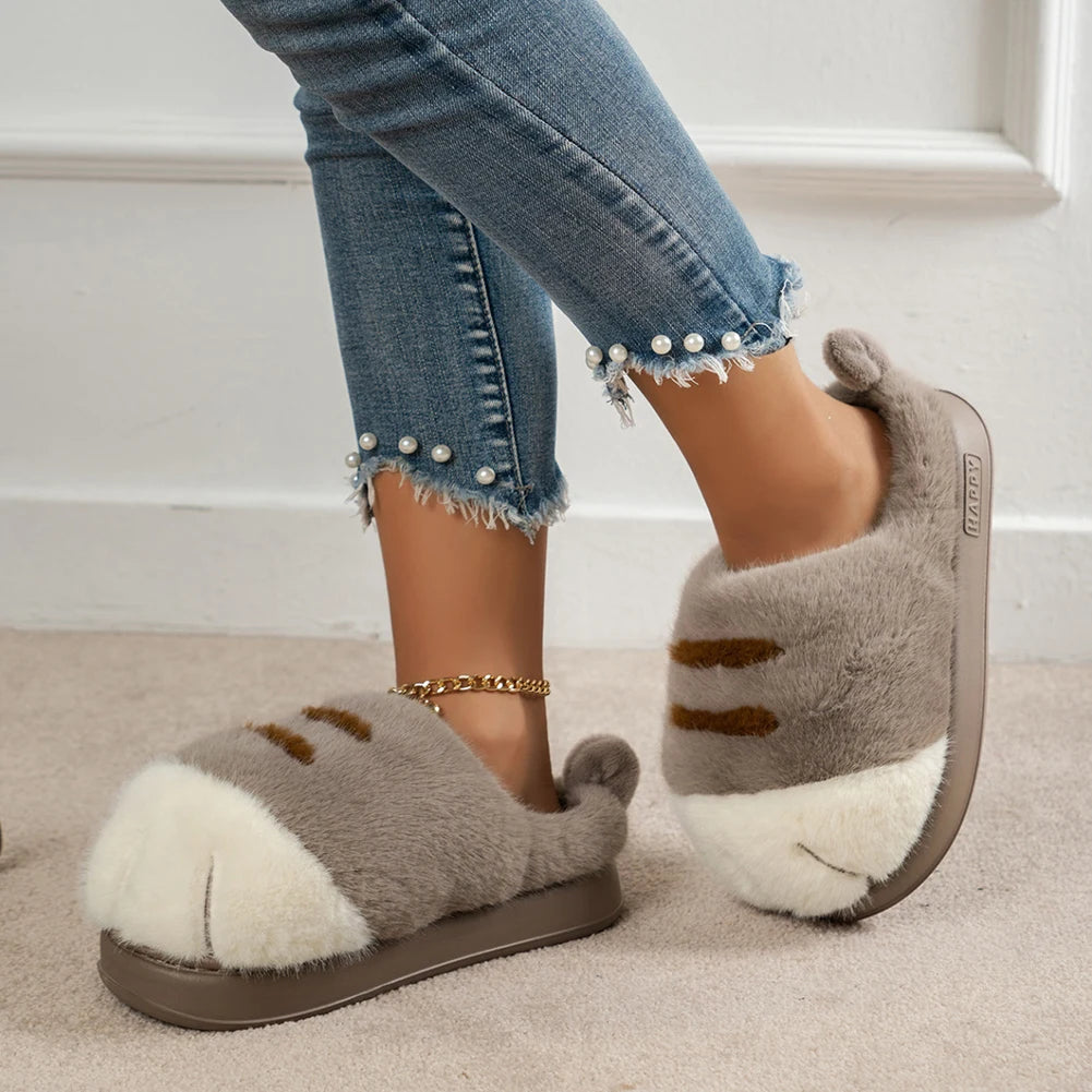 3D Cat Paw Plush Slippers Slip-on House Shoes Comfortable Furry Paw Couple Slippers Winter Soft Warm Slippers for Indoor Bedroom