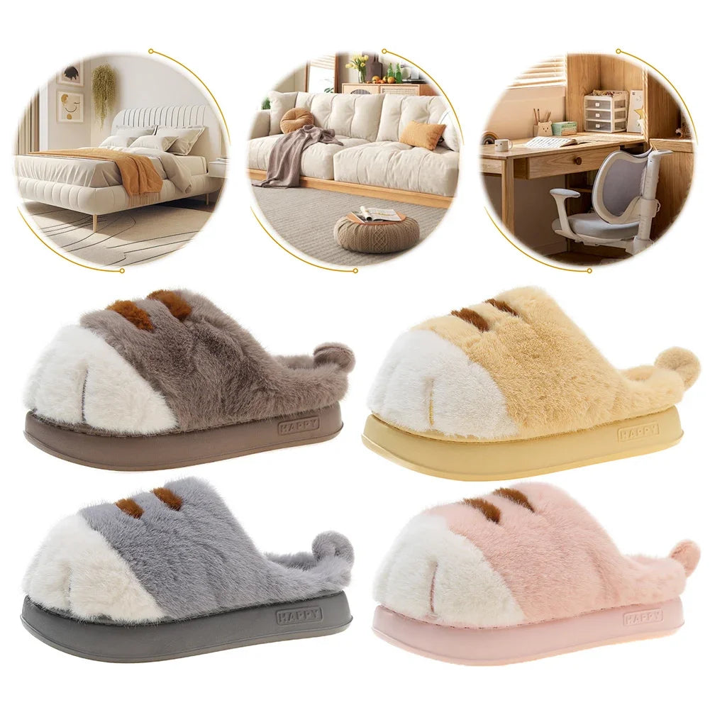 3D Cat Paw Plush Slippers Slip-on House Shoes Comfortable Furry Paw Couple Slippers Winter Soft Warm Slippers for Indoor Bedroom
