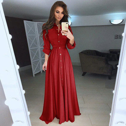 Elegant Buttoned Waist-Tie Midi Dress