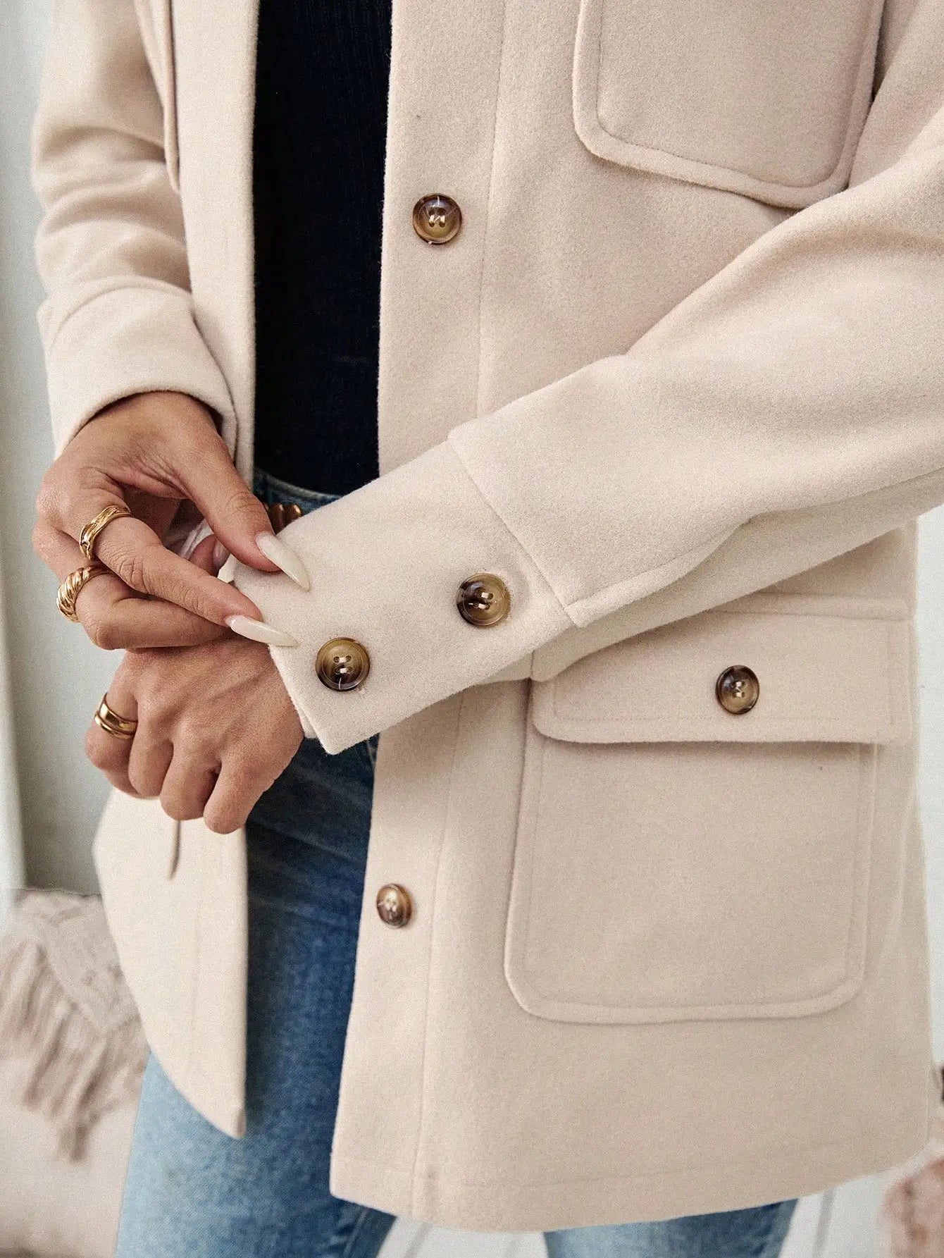 EMERY ROSE Casual Solid Color Multi-Pocket Jacket, Versatile For Autumn/Winter Fall Cloth For Women