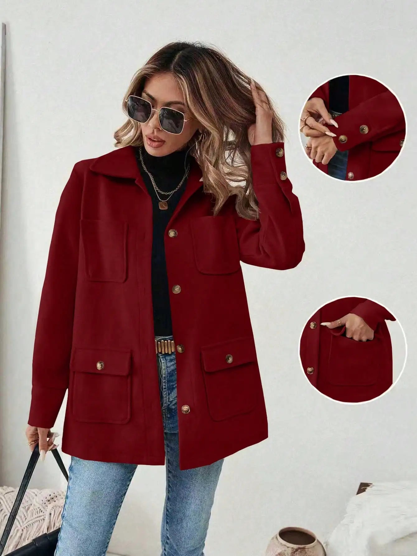 EMERY ROSE Casual Solid Color Multi-Pocket Jacket, Versatile For Autumn/Winter Fall Cloth For Women