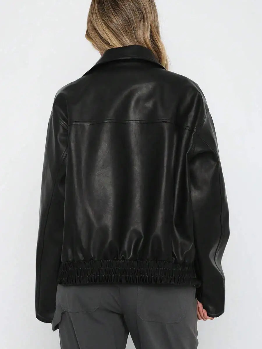 Women's Black PU Leather Zip-Up Oversized Jacket for Autumn Winter