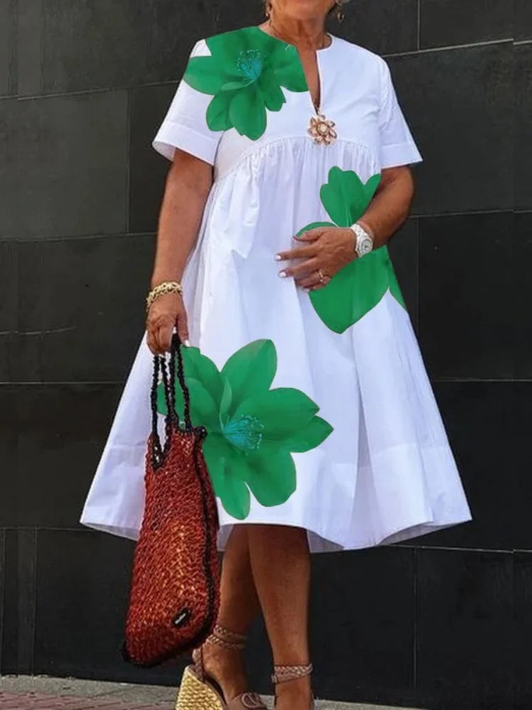Women Midi Shirts Dress Summer New Dress 2025 V-Neck Pleated Short Sleeves White Loose Casual Flower Print A-line Dresses