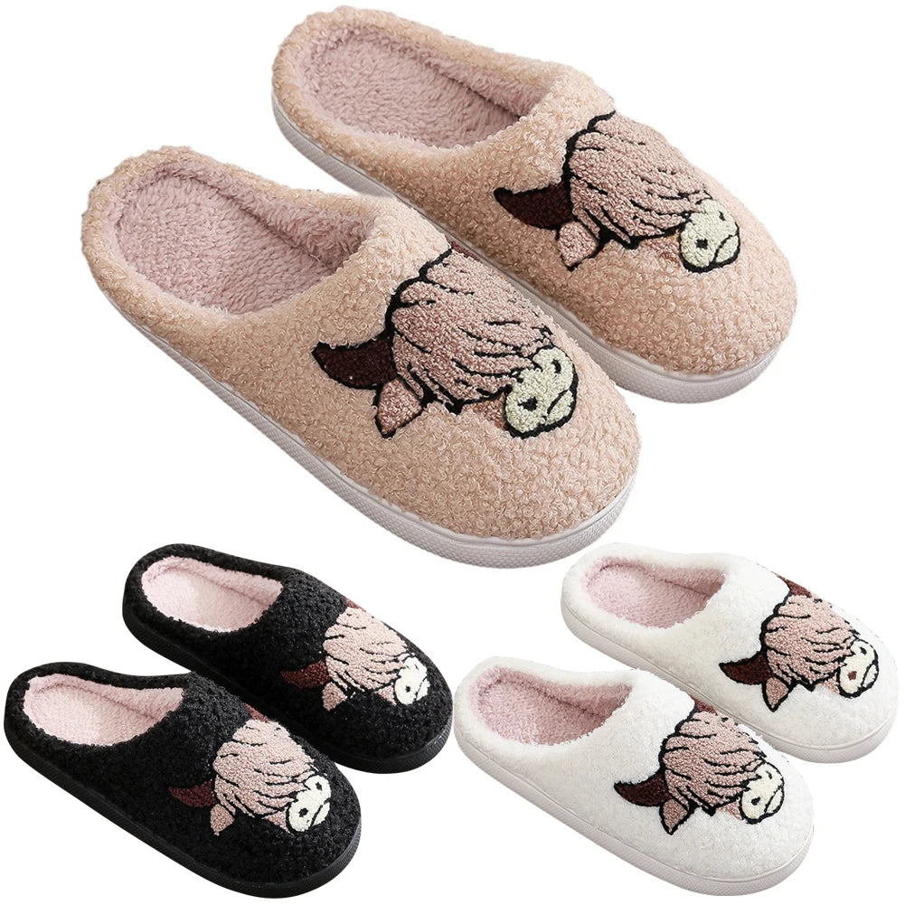 Winter Slippers Non-Slip Highland Cow Slippers Warm Plush Home Slipper House Flat Floor Soft Slides Cozy Couple Slip-On Slippers