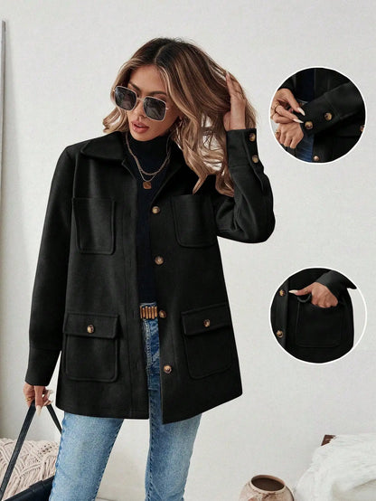 EMERY ROSE Casual Solid Color Multi-Pocket Jacket, Versatile For Autumn/Winter Fall Cloth For Women