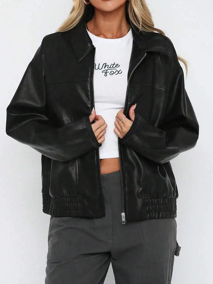 Women's Black PU Leather Zip-Up Oversized Jacket for Autumn Winter