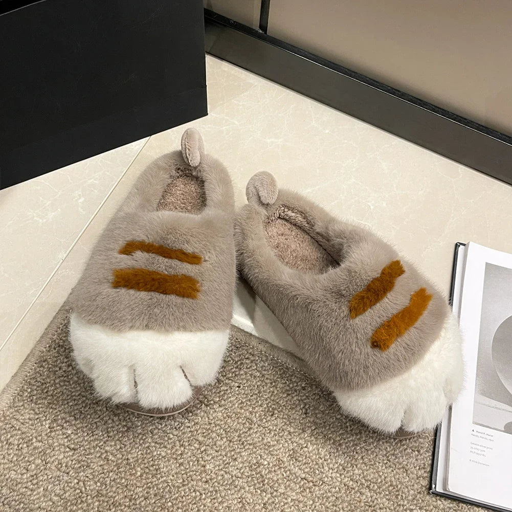 3D Cat Paw Plush Slippers Slip-on House Shoes Comfortable Furry Paw Couple Slippers Winter Soft Warm Slippers for Indoor Bedroom