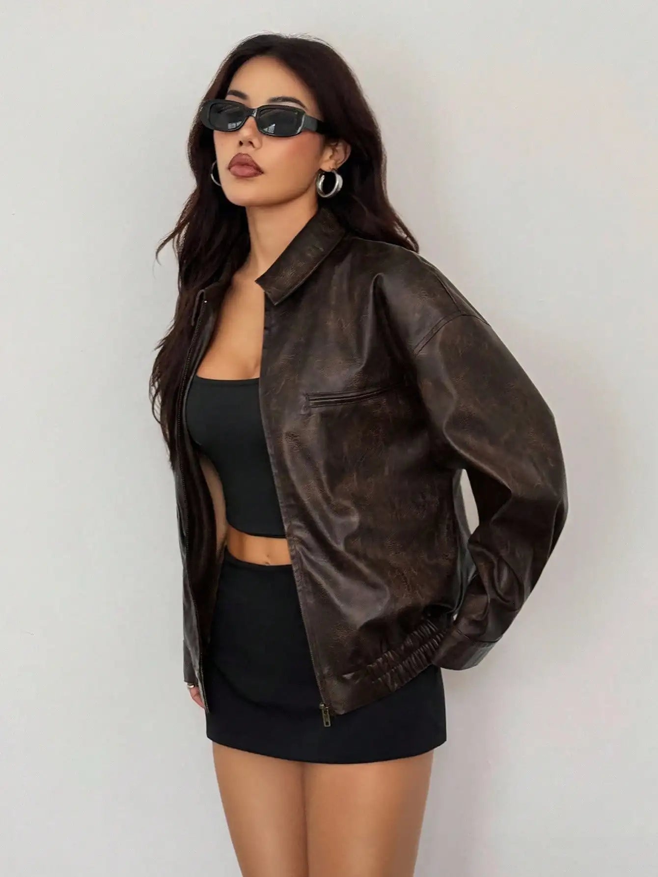 Women's Vintage Brown Faux Leather Zipper Jacket with Distressed Texture