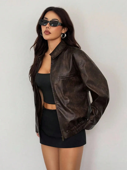 Women's Vintage Brown Faux Leather Zipper Jacket with Distressed Texture