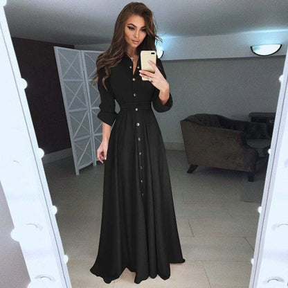Elegant Buttoned Waist-Tie Midi Dress