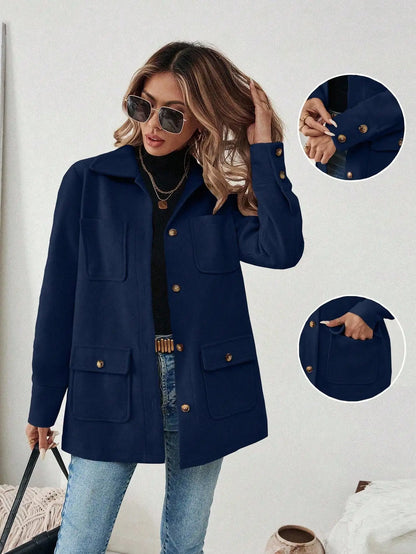 EMERY ROSE Casual Solid Color Multi-Pocket Jacket, Versatile For Autumn/Winter Fall Cloth For Women