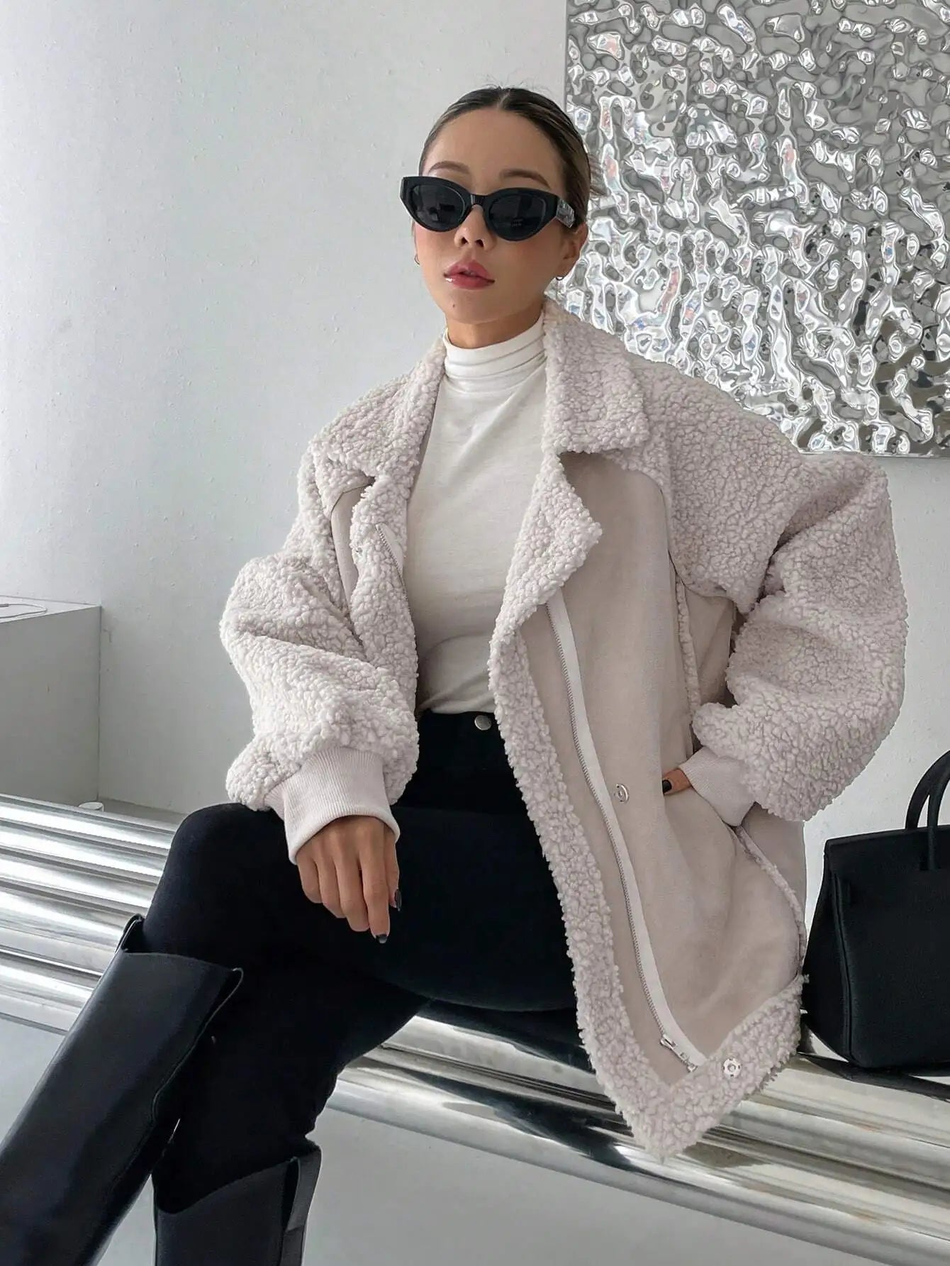 Oversized Raglan Sleeve Zip-Up Teddy Coat for Women, Fleece Lined Warm Jacket