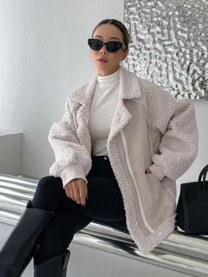 Oversized Raglan Sleeve Zip-Up Teddy Coat for Women, Fleece Lined Warm Jacket